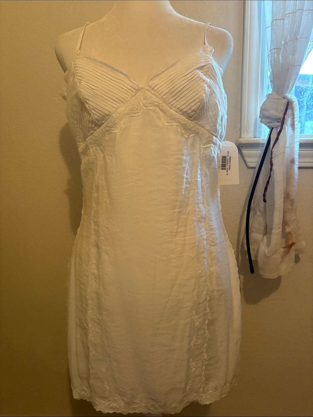 Ivory Lace-Detail Slip Midi Dress with Adjustable Spaghetti Straps